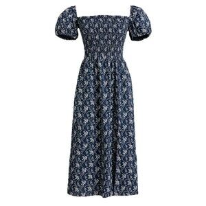 J.CREW Blue Puff Sleeve Smocked Blue Starry Swirl Smocked Dress Womens Small